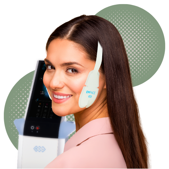 Woman wearing Emface applicators during a non-invasive facial rejuvenation treatment