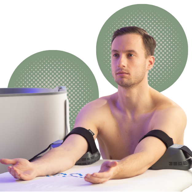 Male patient receiving Emsculpt Neo treatment on the arms for muscle development