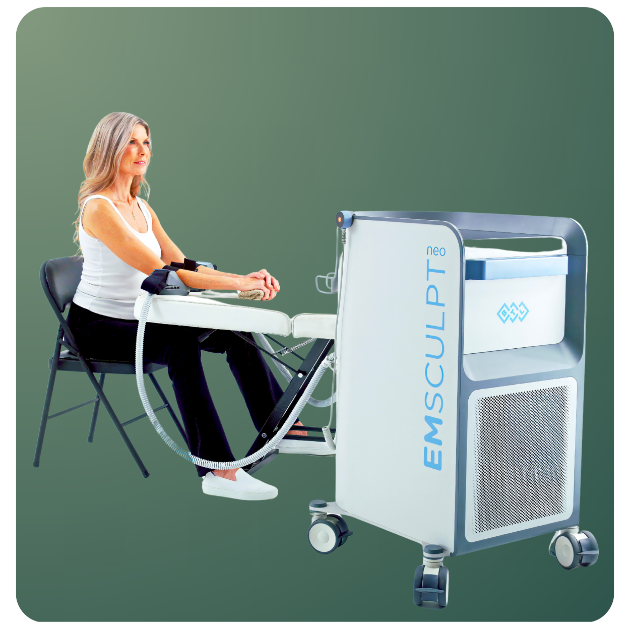 Woman receiving Emsculpt Neo treatment for muscle building and body sculpting