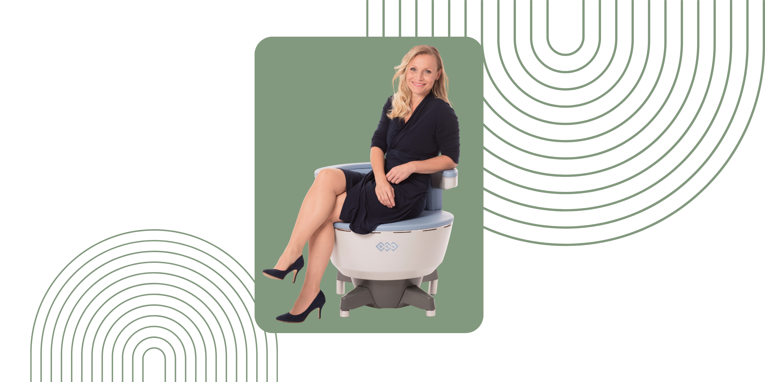 Woman seated on Emsella chair demonstrating proper treatment positioning