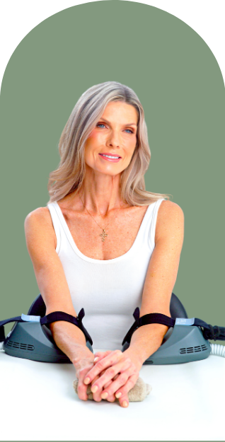 Woman seated beside Emsculpt Neo body contouring technology for muscle building and fat reduction